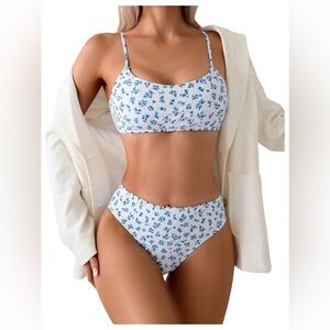 Women's 2 Piece Bathing Suit Floral Print High Waisted Scoop Neck Bikini Set S